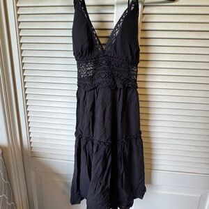 Black Lace Trim Boho Sundress – Strappy V-Neck, Size Small